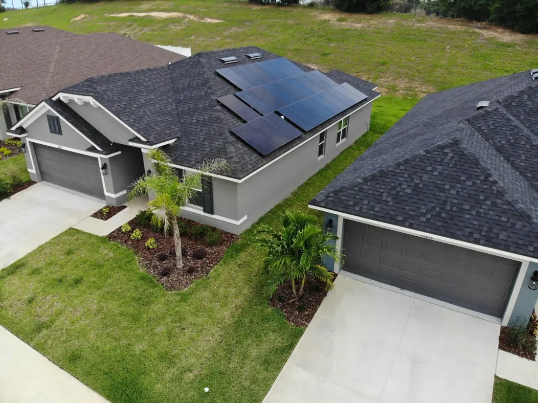 Rooftop solar panel array on a residential home installed by Noble Energy Solutions